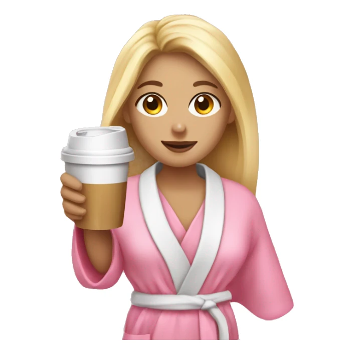 a blonde girl in a pink bathrobe with cold coffee in her hand is making up sticker