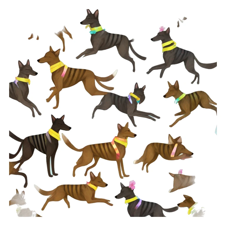  brindle brown black maroon striped lurcher Alsatian fox running blue eyes and iridescent holographic oilslick harness wearing paper iridescent tropical flower crown yellow caution tape sticker