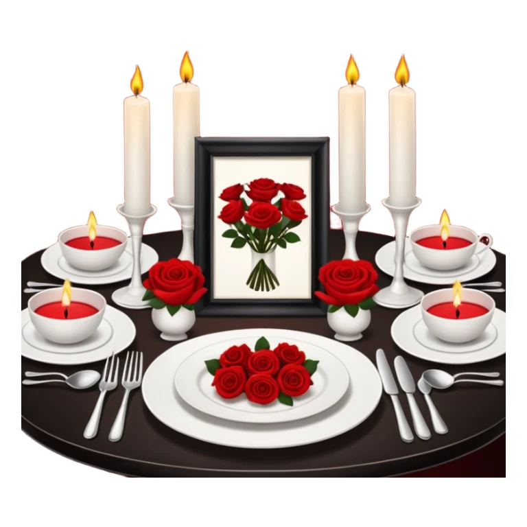 a chic restaurant, on the table there is a set of beautiful white dishes, candles are burning, next to it there is a bouquet of roses sticker