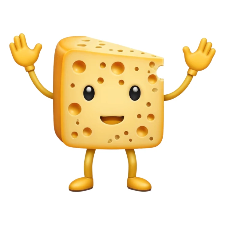 A cheese with arms and legs and a gritted face sticker
