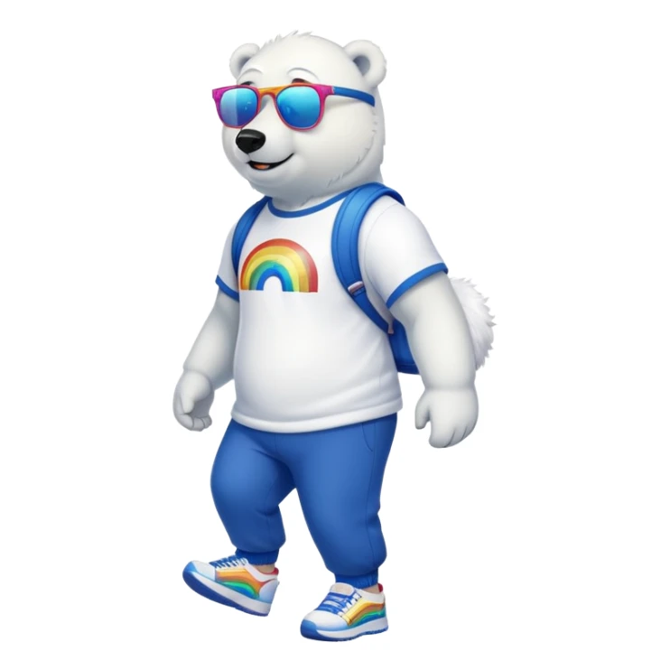 muscular friendly anthropomorphised polar bear walking confidently, wearing a royal blue t-shirt, black pants, white trainers, and oversized rainbow glasses sticker