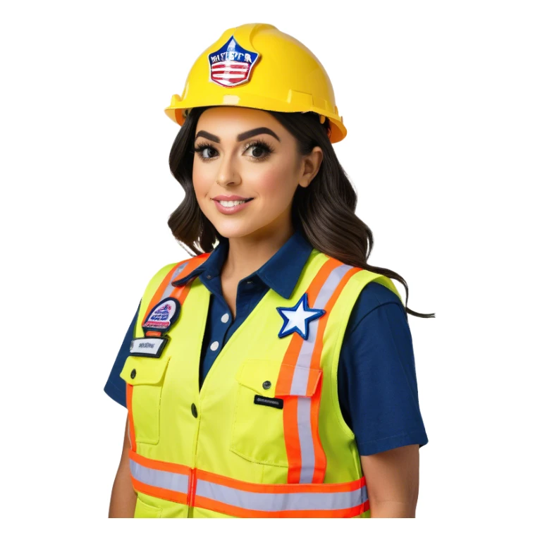  Charli D'Amelio is a construction worker wearing a patriotic dress with a neon yellow safety vest over the dress. she also has a hard hat and a patriotic patch on the vest sticker