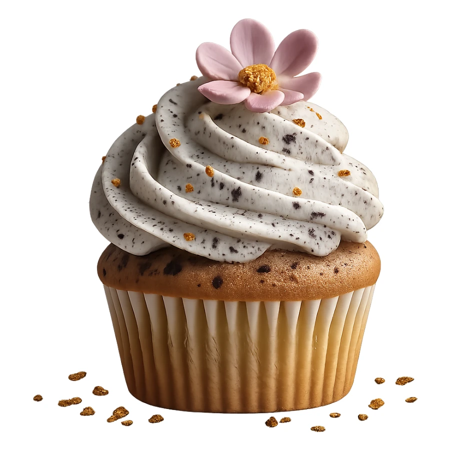Change the icing to cookies and cream style with white icing and visible cookie crumbs, keep the realistic cupcake and accessories, photorealistic style, transparent background. sticker