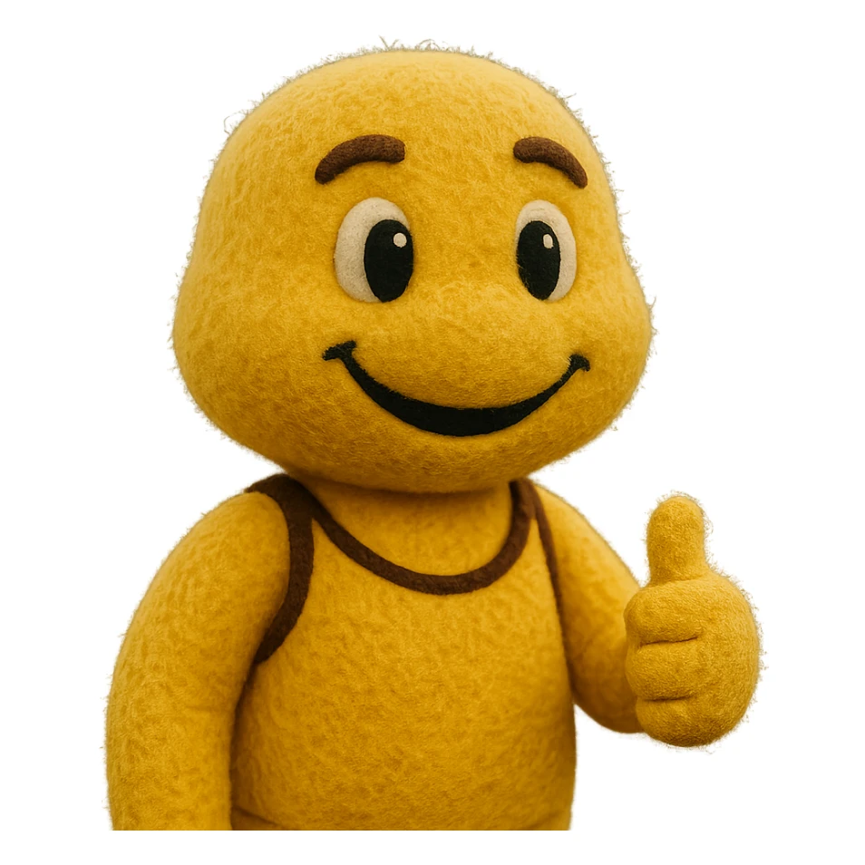 yellow athletic mascot with soft fuzzy texture and big eyes, fun and engaging, giving a thumbs up sticker