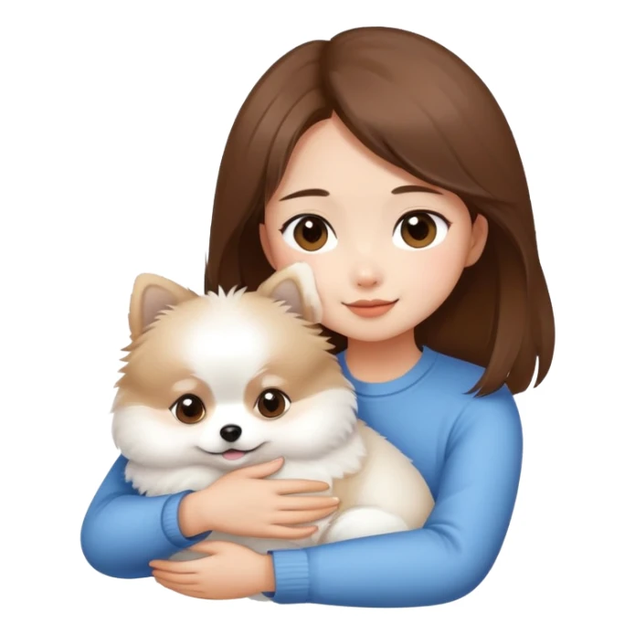Asian brow hair girl hug small white Pomeranian sticker