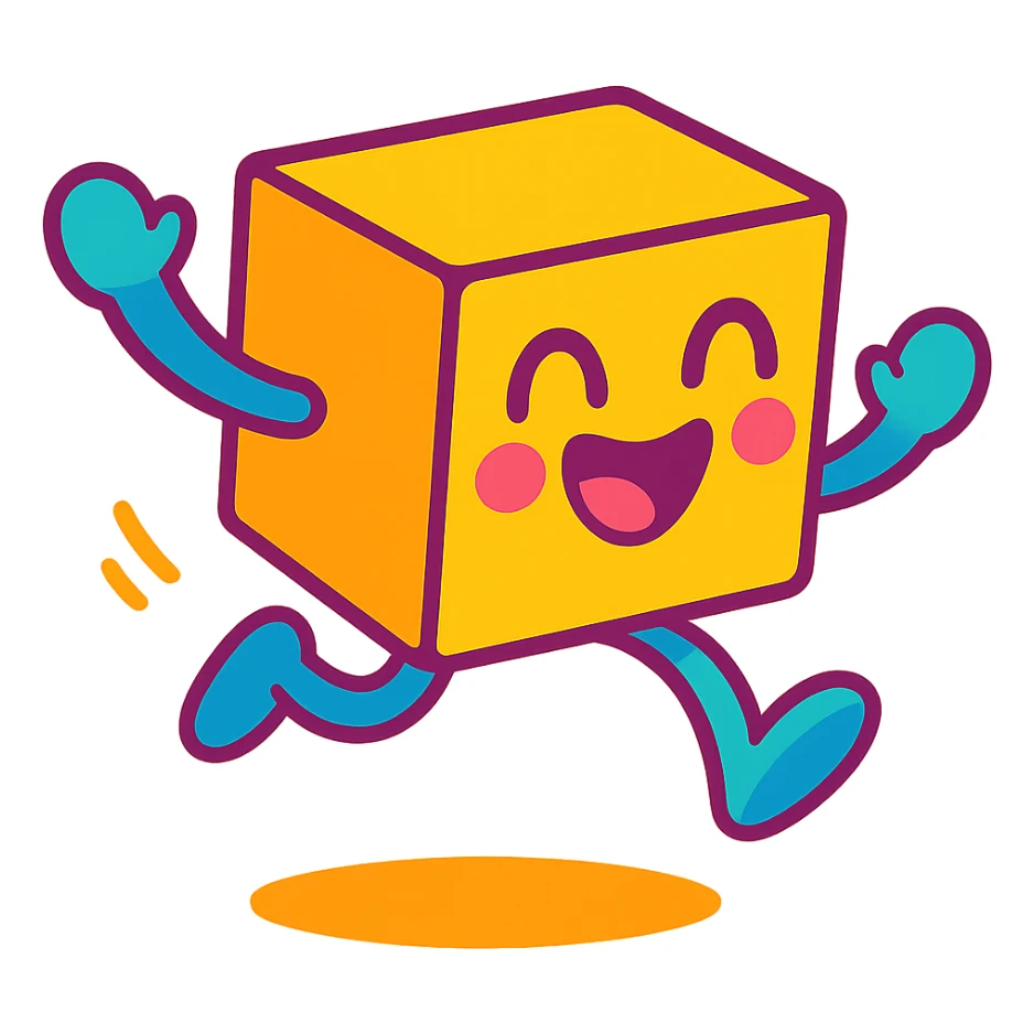 cube with a playful expression, jumping or in motion, bright color palette sticker