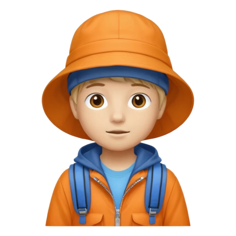 A little student with beige bucket hat, orange jacket, blue backpack sticker
