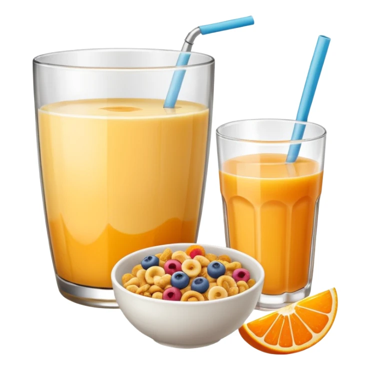 A glass of juice and a bowl with cereals sticker
