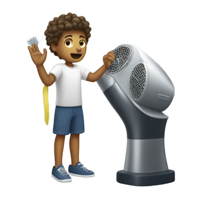 boy using hair dryer to dry sail of boat sticker