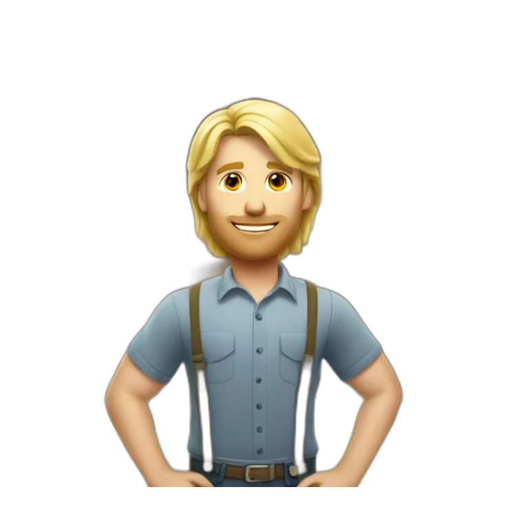 Blond man architect, with mid long blond hair, posing next to a wooden house sticker
