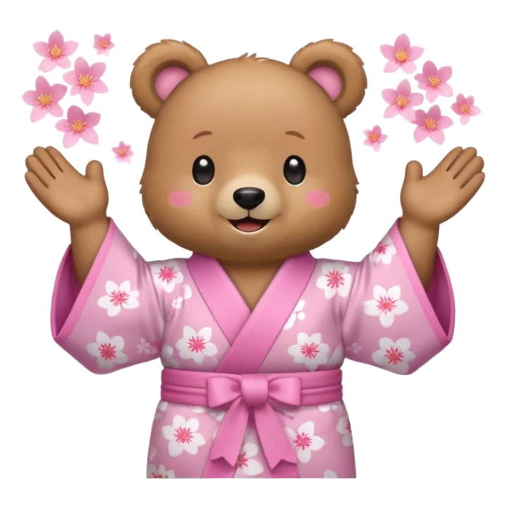 A cute light-brown bear wearing a pastel pink sakura-patterned kimono, normal balanced body ratio.  
Clapping hands cheerfully with a big bright smile and small spark effects around.  
Kawaii emoji style, minimalistic clean sticker illustration, white background.
 sticker