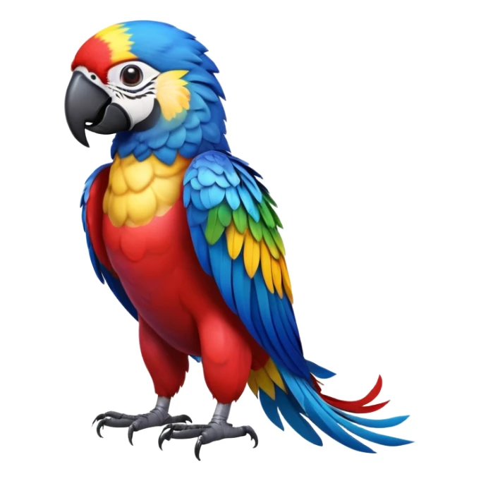 cinematic-macaw-realistic-full-body-standing-emoji,-vibrant-feathers-glowing-with-rich-reds,-blues,-and-yellows,-head-tilted-dramatically,-curved-black-beak-gleaming,-piercing-dark-eyes-exuding-confidence,-simplified-yet-realistic-focused sticker