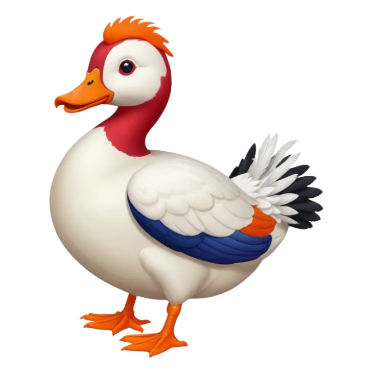 Muscovy Duck, simple emoji style, sitting pose, white feathers, red face, orange feet sticker