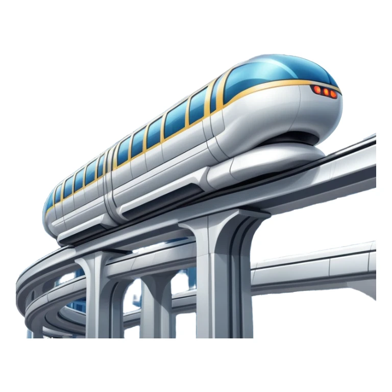 Futuristic monorail train curving above a cityscape with tall buildings sticker
