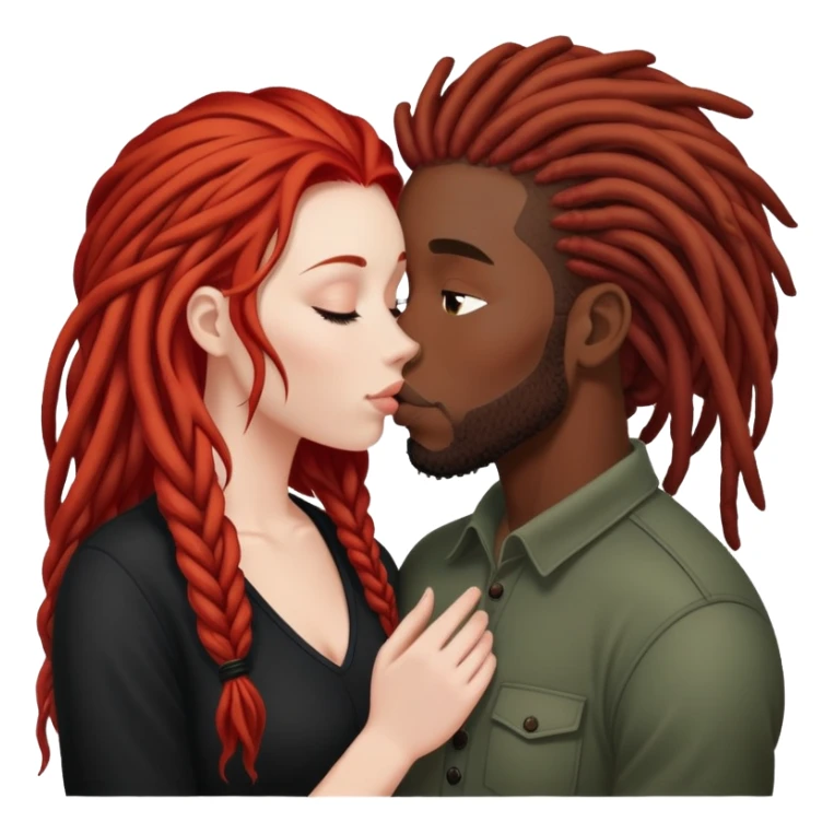 Mulher de cabelos ruivos e pele branca. O homem tem dreads nos cabelos e é negro. Ambos se beijando.  sticker