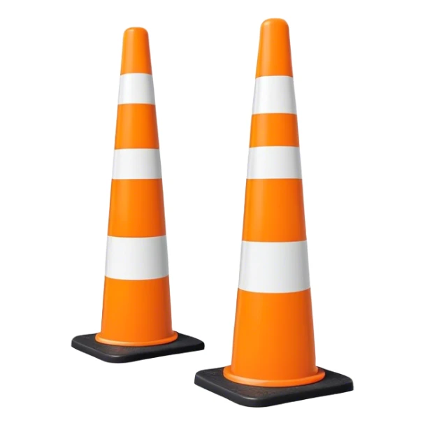 Two orange and white conical traffic bollards with a caution tape stretched between them, marking a restricted or blocked area sticker
