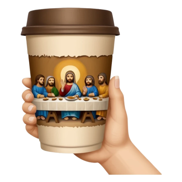 una mano con un bicchiere di carta con dipinto sopra l'ultima cena sticker