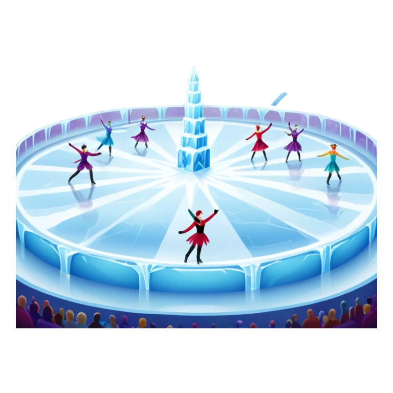 An icon of a theatrical ice show with costumed figure skaters performing a dramatic scene on a glowing ice stage. Spotlights, colorful scenery, and a cheering audience in a grand arena convey the magic and artistry of the ice performance. Transparent background included. sticker