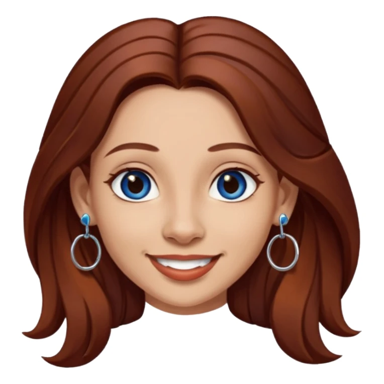 Create a custom emoji-style character inspired by a smiling woman with long dark reddish-brown hair, light skin tone, dark blue eyes, a nose piercing on each nostril, and hoop earrings. sticker