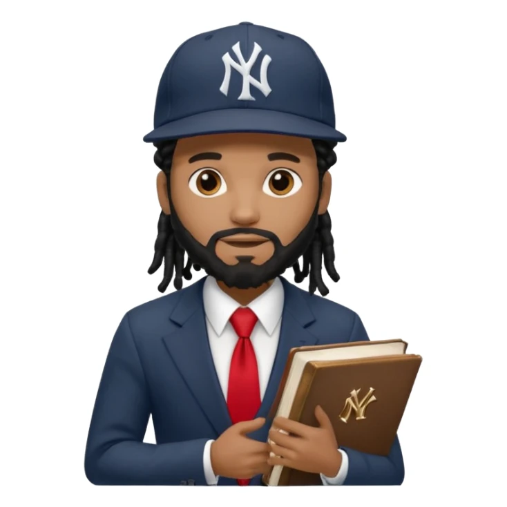 African American man with shoulder length black dreadlocks with black beard wearing a New York Yankees logo baseball cap wearing a suit with red tie walking to the right holding a bible sticker