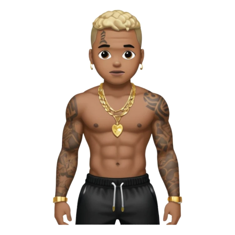 Chris Brown with black sequin baggy pants, shirtless with necklace sticker