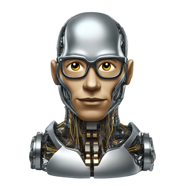 Male cyborg head with metallic plated face, flat top, glasses and circuits sticker
