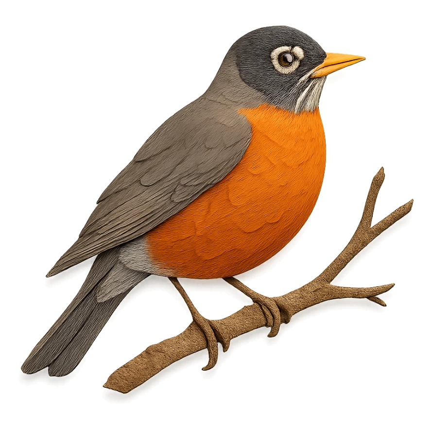 very detailed American Robin perched on a tree branch, intricate cut paper textures, orange-red breast, gray back, realistic markings sticker