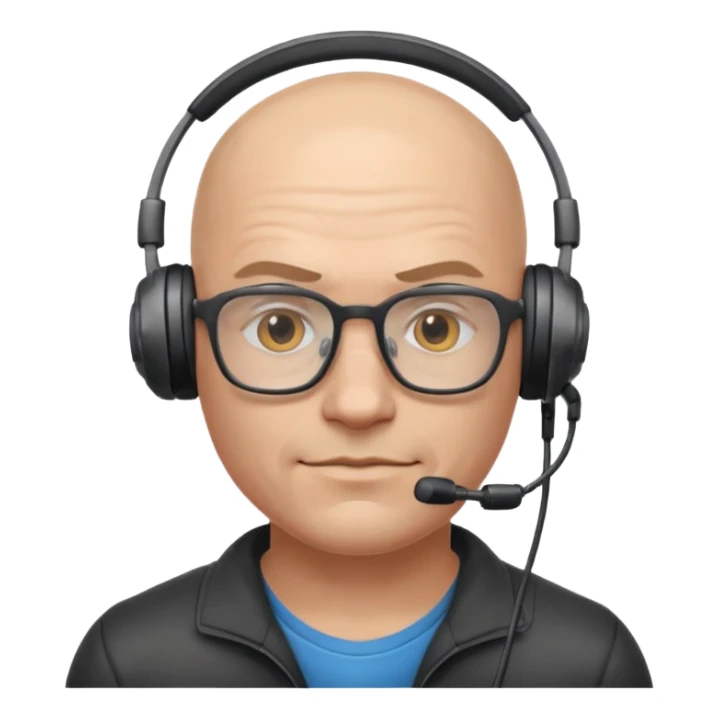 gamer with glasses, bald and muscular, with headset sticker