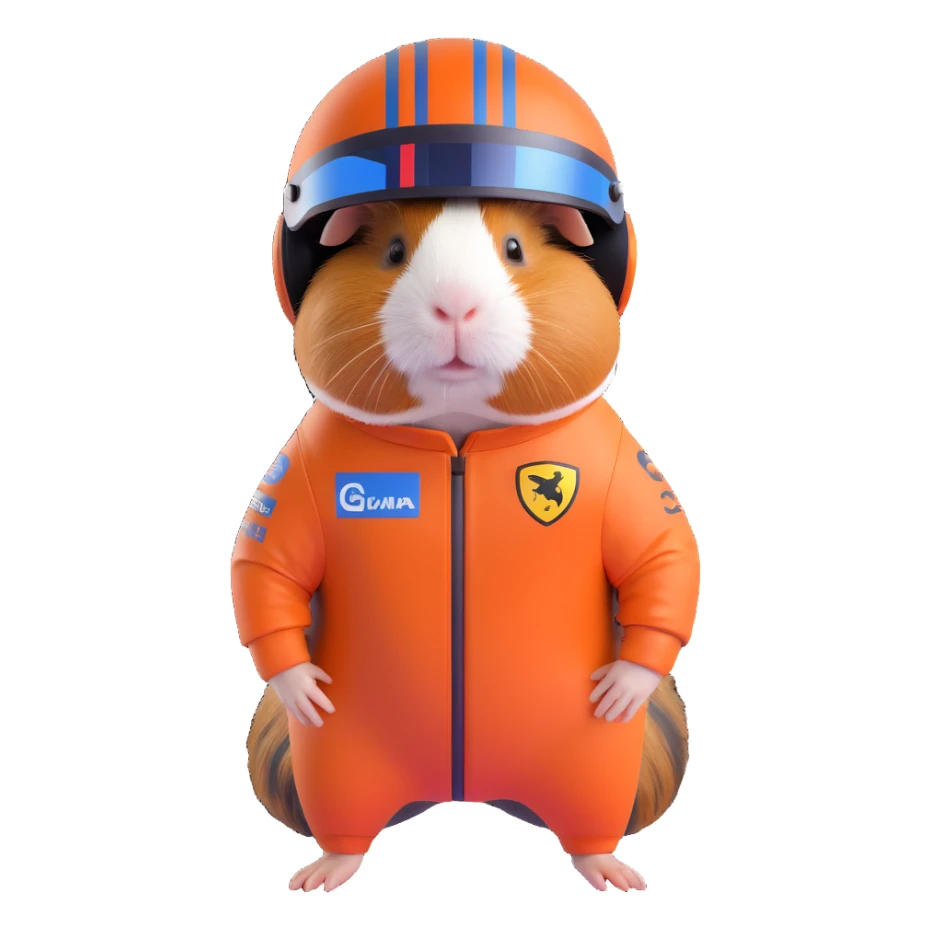 full-body guinea pig in a modern Formula 1 racing suit and helmet, dynamic stance, vibrant colors sticker