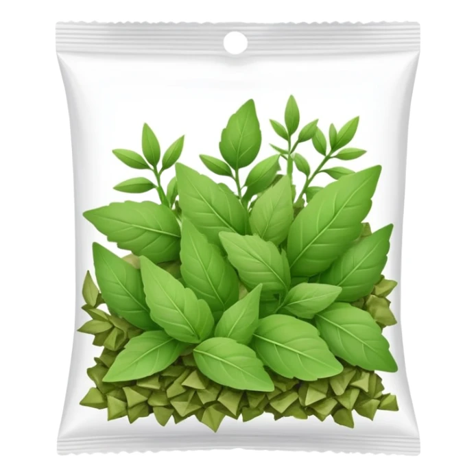 small plastic pack with green dried herbal leaves which are clumped together  sticker