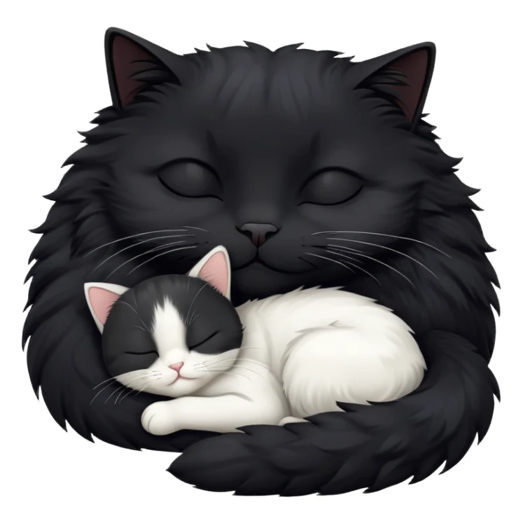 Big black cat is sleeping with a small white cat sticker