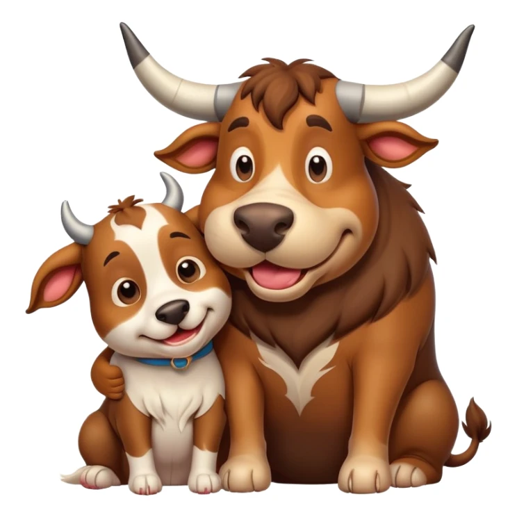 goofy bull with a single horn in the middle of its head hugging a dog sticker