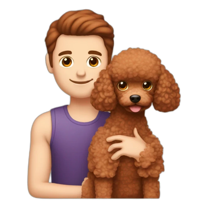 Dark brown haired white man without beard and Red haired white girl with straight hair holds red toy poodle sticker