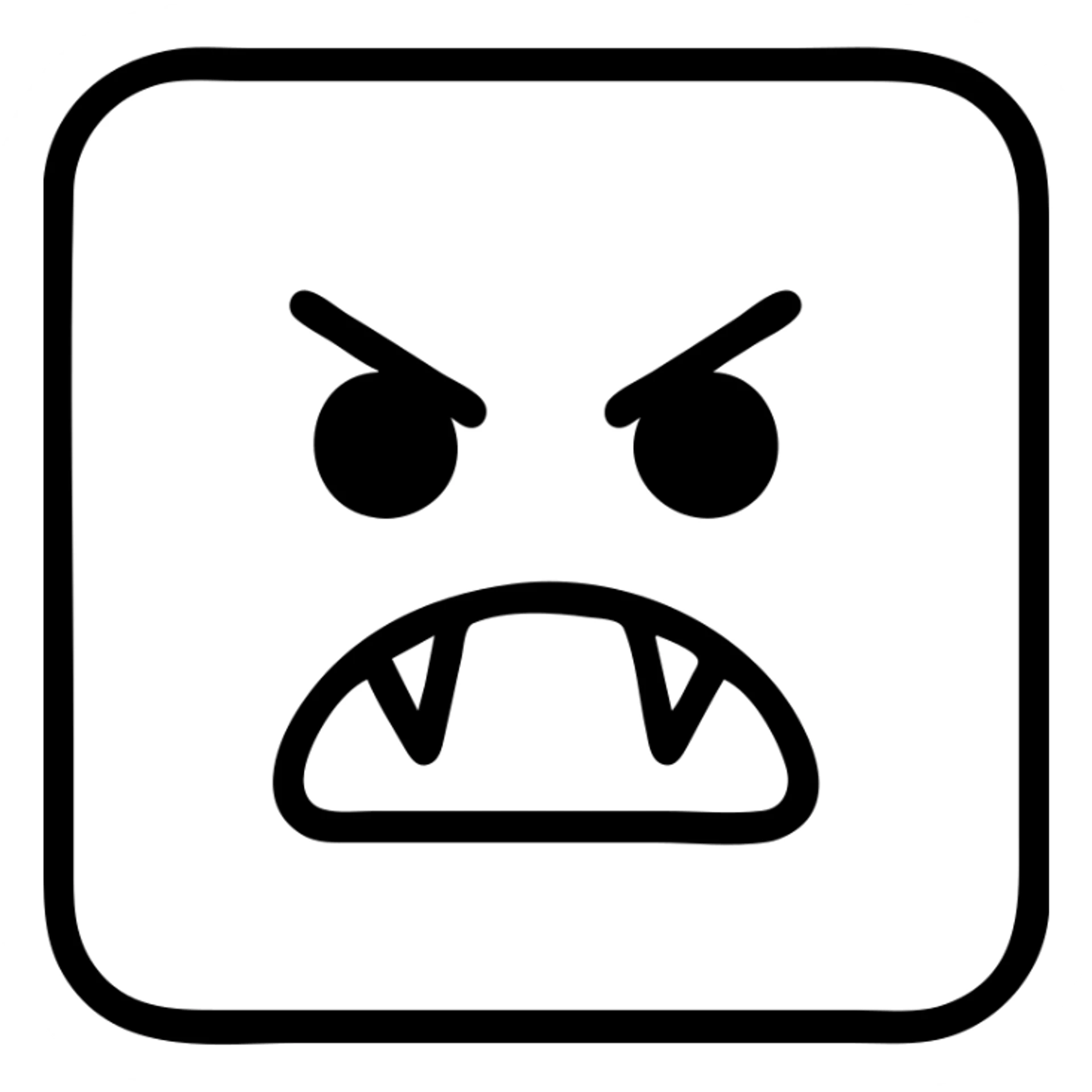 button with black outline, angry face with black eyes and fangs, minimalist outline icon sticker