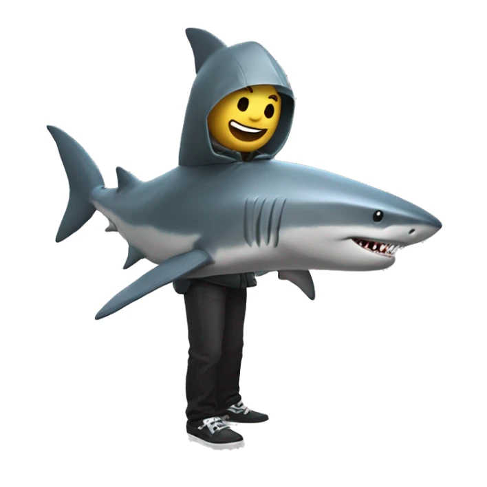 roblox character who is grey with the man face wearing a shark costume that is eating the upper part of his body, the costume has a hole in the sharks tail for the mans face sticker