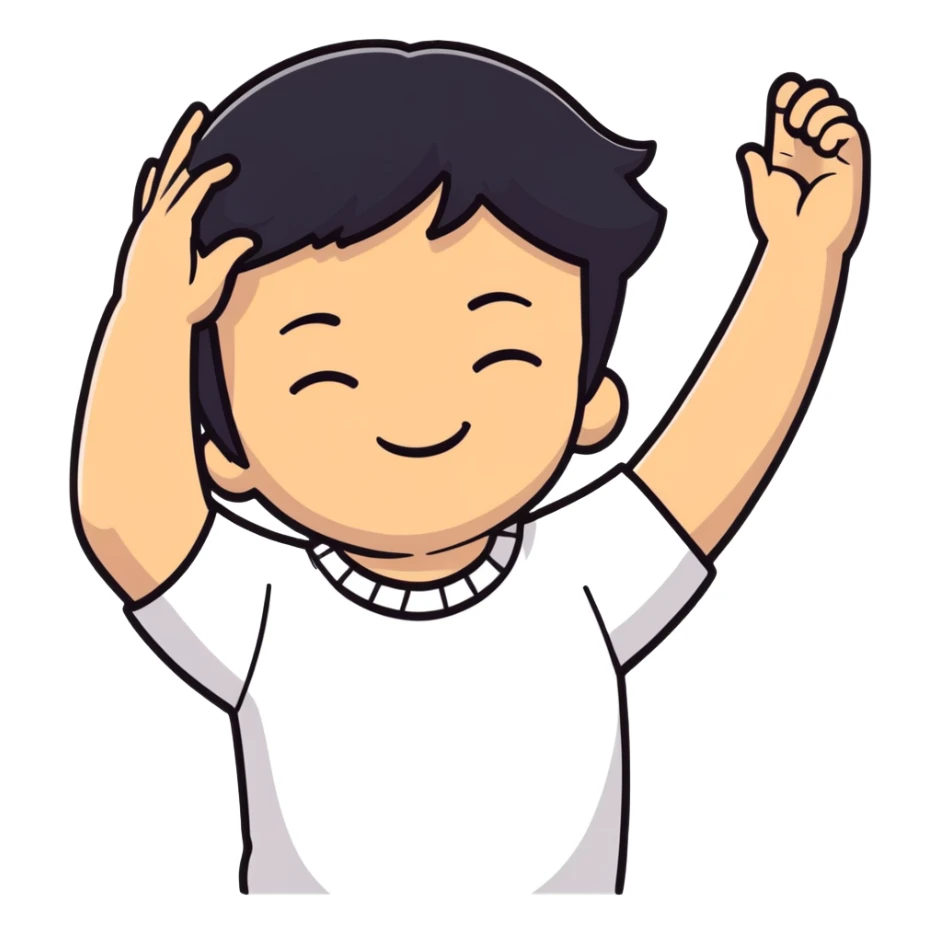 white boy smiling with right hand behind head, black hair, closed eyes sticker