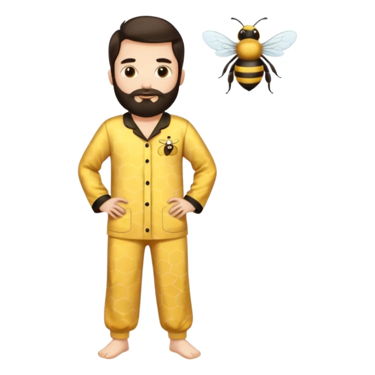 Grown up man with long dark brown long hair, white skin, medium beard, full body in cute bee pijama sticker
