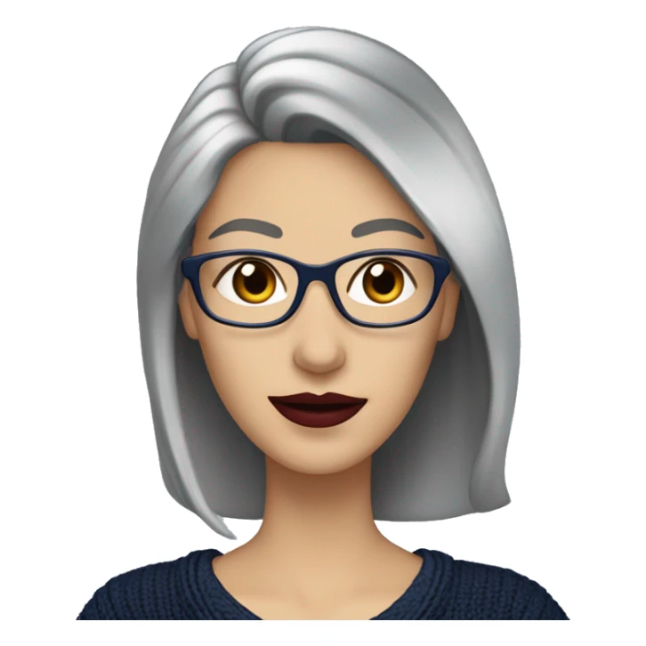 Attractive Caucasian woman with long straight grey hair worn over one shoulder,  wearing wire frame glasses, dark red lipstick, and a navy blue sweater, she has  with a slightly upturned nose sticker