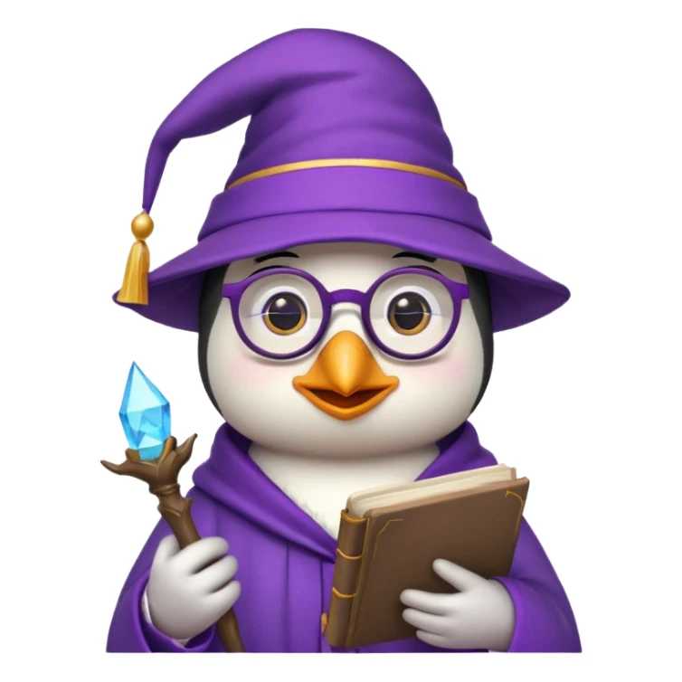 cute penguin wizard holding an open spellbook, wearing glasses and a purple hat, emoji style sticker