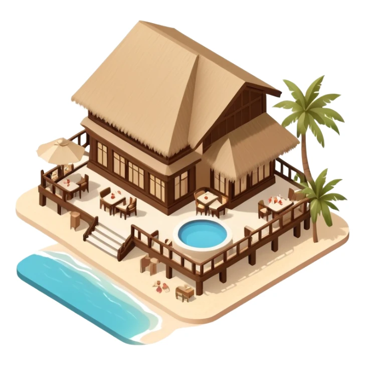 Isometric exterior brown and beige luxury polynesian beach resort restaurant, dollhouse style 3D realistic  sticker
