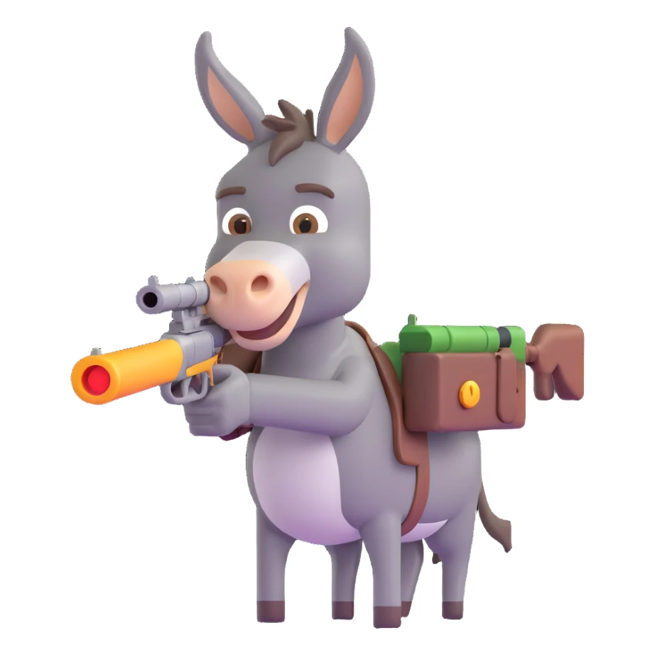 donkey shooting a gun, 3D emoji style sticker