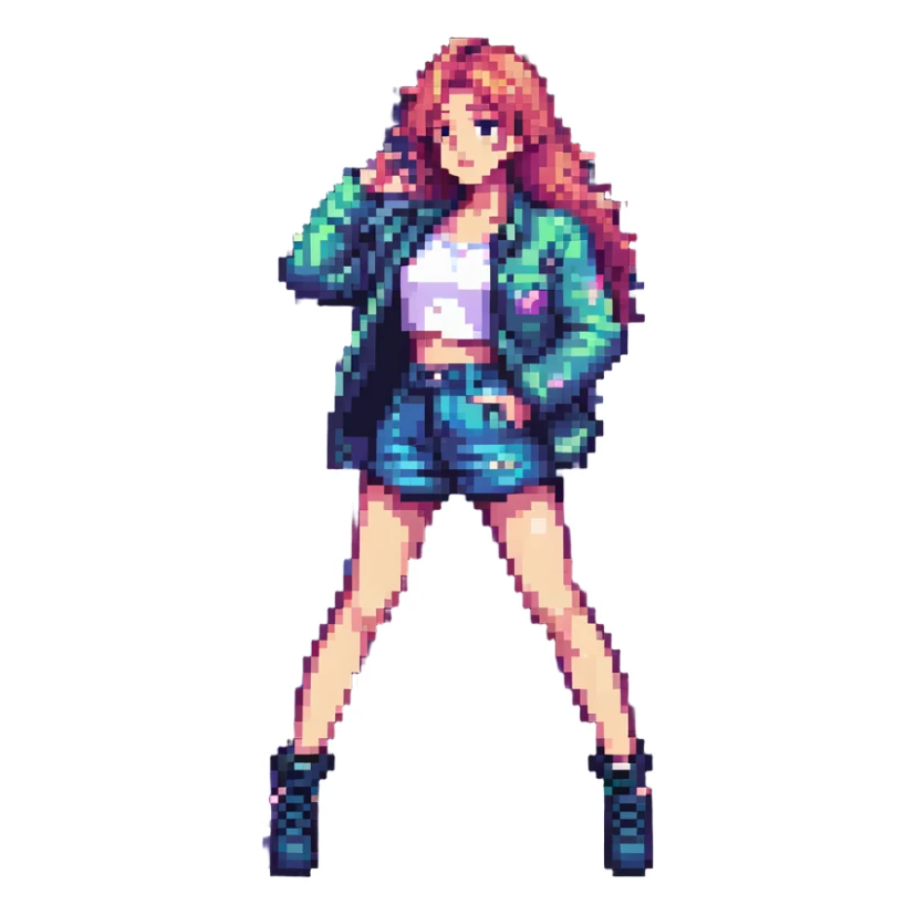 K-pop idol inspired by Blackpink, dynamic pose, stage lights, trendy outfit, pixel art style sticker