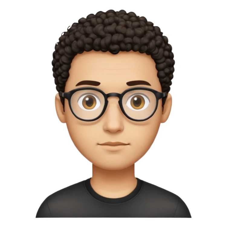 Man with small oval face and big forehead, aviator-style glasses, very short dark curly hair with skin fade (no hair on sides), neutral-friendly expression, light brown skin, wearing a black shirt sticker