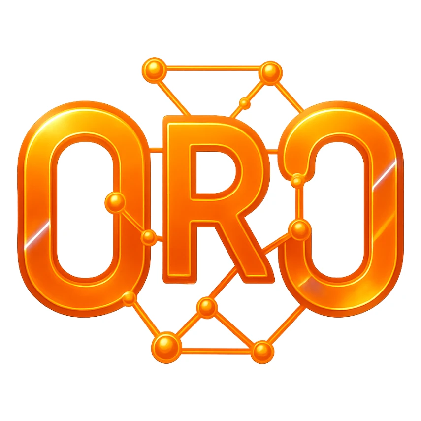 Tech-inspired 'ORO' emoji in orange hues, neural links interwoven through the letters, with holographic effects and a modern, innovative feel. sticker