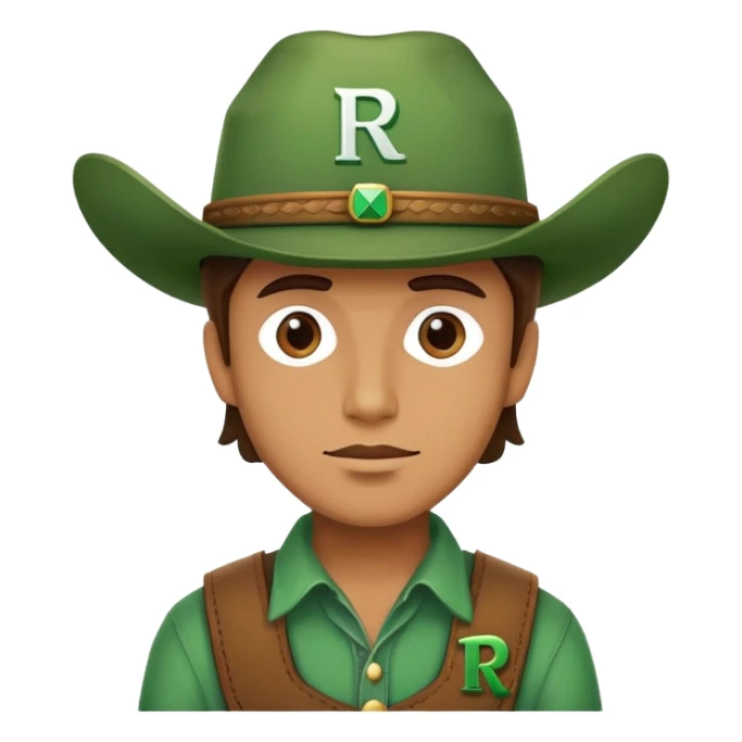 Cowboy wearing a green hat with letter R sticker