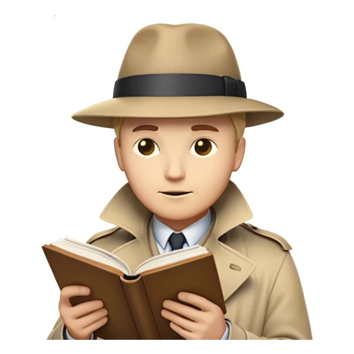 A detective emoji, wearing a classic trench coat and hat, intently reading a person human book. Above their head, a glowing lightbulb represents a sudden realization—symbolizing research, curiosity, and critical thinking. The book’s cover subtly features the silhouette of a person  sticker