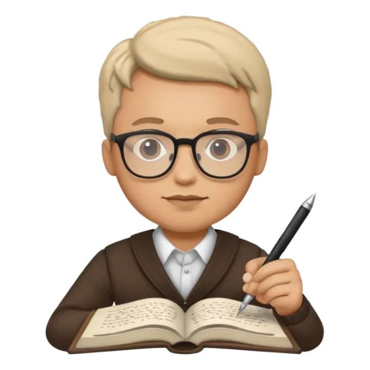 man hold a pen in hand write in book , wearing glasses sticker
