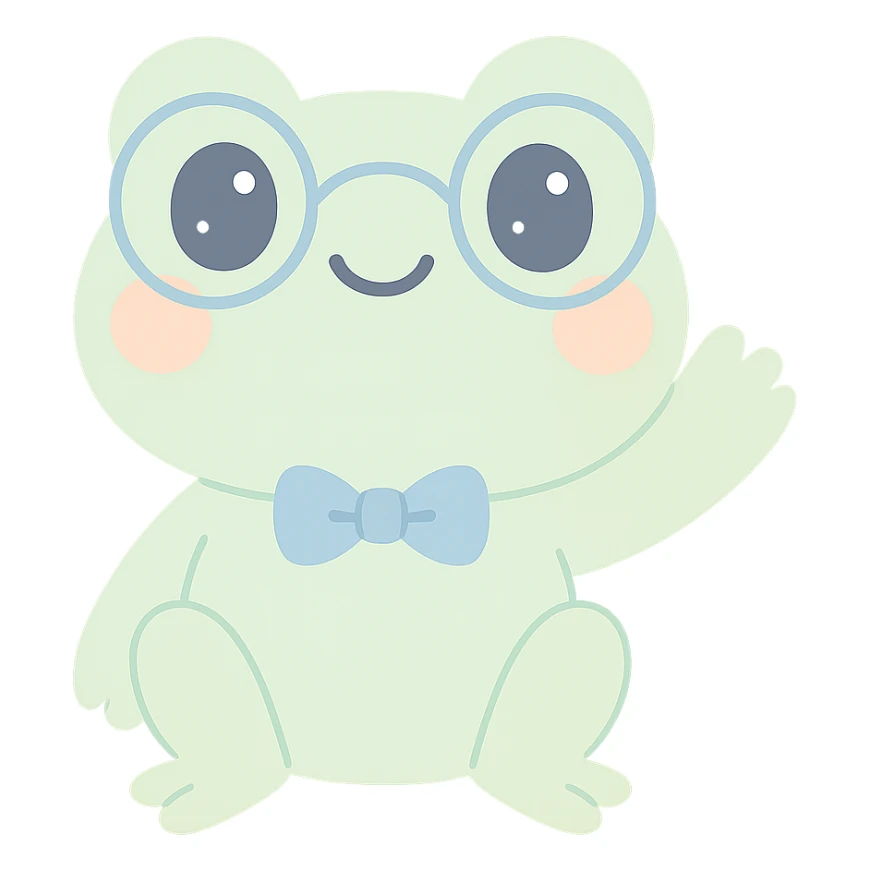 friendly cartoon frog named Gerald wearing a bow tie and glasses waving cheerfully sticker