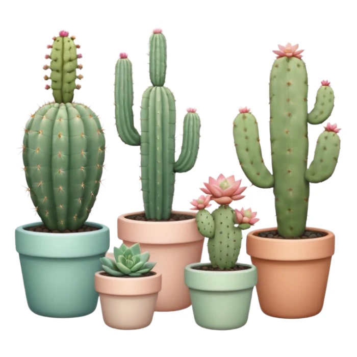 Ceramic pots in pastel colors, tall and short, round and square, containing desert cactus plants, hanging cacti, flowering cacti, echeveria succulents, and sedum succulents, placed in a row on the floor, white background sticker