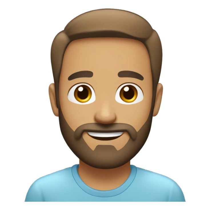 Face Shape: Oval with a slightly prominent forehead.
Skin Tone: Light.
Eyes: Light blue, wide and expressive.
Eyebrows: Light brown.
Mouth: Smiling with visible teeth.
Hair: Light brown
Full beard and mustache, light brown with some grey sticker